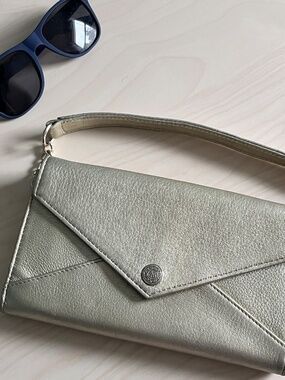 Rebecca Minkoff Leather Envelope Clutch in Metallic Gold with removable chain